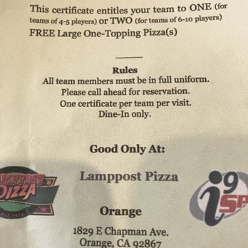 Lamppost Pizza Orange - Coupon certificate Lampost management would not honor - Pizza Near Me - Orange, California