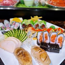 Sushi Love - Halloween Roll Scallop nigiri  Escolar sashimi Yellowtail Roll Green River Roll Salmon Roll Thai tea