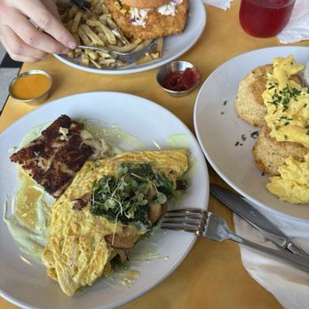 Over Easy - Chive buttermilk biscuit (gravy on the side), roasted onion, garlic, Gruyere omelette, and potato cake as well as pork katsu sandwich - Breakfast & Brunch Near Me - Medford, Oregon Over Easy - Chive buttermilk biscuit (gravy on the side), roasted onion, garlic, Gruyere omelette, and potato cake as well as pork katsu sandwich - Breakfast & Brunch Near Me - Medford, Oregon
