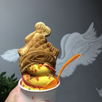 Devil & Angel Desserts - Angel's cone with Mango dragon Fruit swirl and fruity pebbles - Bubble Tea Near Me - Concord, California