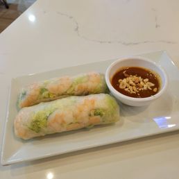Traditional spring rolls with shrimp & pork with warm peanut sauce Traditional spring rolls with shrimp & pork with warm peanut sauce