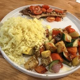 Pan Seared Cod with basmati rice & charred vegetables