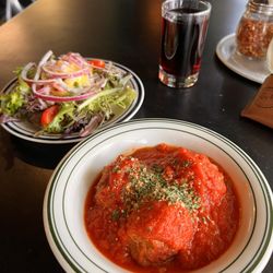 Ted's Most Best - Appetizer meatballs, half salad and wine.