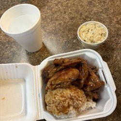 Sweet's Island Restaurant - Bbq teriyaki chicken with rice & Mac salad.