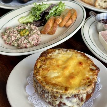 Pastis - Onion Soup (front), Steak Tartare (back) - French Near Me - New York, New York Pastis - Onion Soup (front), Steak Tartare (back) - French Near Me - New York, New York