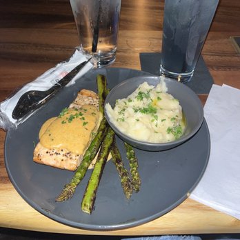Brew City Kitchen and Cocktails - Grilled Salmon covered with a Cajun Cream Sauce, Mashed Potatoes, and  Cook Out Kool-Aid Cocktail - Soul Food Near Me - Dallas, Texas