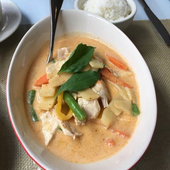 Gati Thai Bistro - Hubby as always enjoys his Red Curry with chicken, but added red chili sauce for spiciness. A generous portion with jasmine rice. - Thai Near Me - Andover, Massachusetts Gati Thai Bistro - Hubby as always enjoys his Red Curry with chicken, but added red chili sauce for spiciness. A generous portion with jasmine rice. - Thai Near Me - Andover, Massachusetts