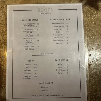 Roots - Drink Menu - Seafood Near Me - Rincon, Puerto Rico