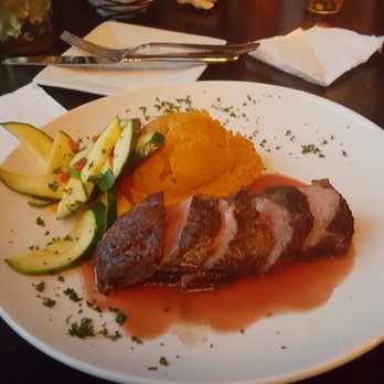 Harpoon Willy's - Duck (cooked medium rare) in a cranberry pear sauce, with mashed vanilla sweet potatoes, and squash. - Seafood Near Me - Manasquan, New Jersey