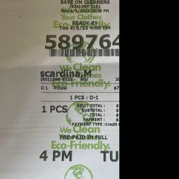 Receipt for pillow cleaning, $7. Receipt for pillow cleaning, $7.
