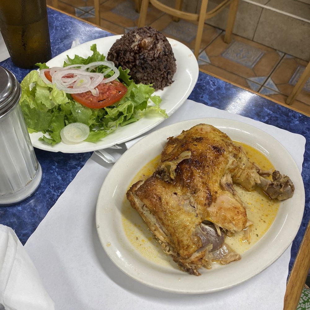 Latin Cafe - Pollo Asado (roasted dark meat chicken quarter, $9.99) with Side Salad and Moros (Mixed Rice and Beans) - Cuban Near Me - Miami Beach, Florida Latin Cafe - Pollo Asado (roasted dark meat chicken quarter, $9.99) with Side Salad and Moros (Mixed Rice and Beans) - Cuban Near Me - Miami Beach, Florida