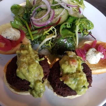 The Federal - Lentil walnut vegan sliders with aioli, guacamole, and pickled onion. Served with a side salad with jalapeno vinaigrette. - Pubs Near Me - Durham, North Carolina