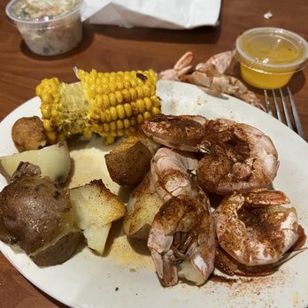 Kravers Seafood - Daphne - Red shrimp with corn on the cob and new potatoes with slaw. - Seafood Near Me - Daphne, Alabama