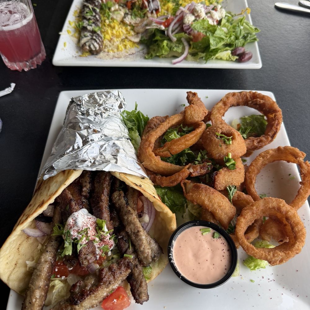 Pharaohs - Lamb gyro with onion rings - Mediterranean Near Me - Cameron, North Carolina Pharaohs - Lamb gyro with onion rings - Mediterranean Near Me - Cameron, North Carolina