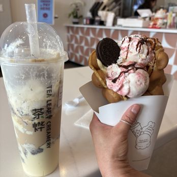 Tea Leaf and Creamery - Bubble waffle wrap with strawberry cheesecake ice cream pretzels  Oreo and custard. - Desserts Near Me - Tucson, Arizona