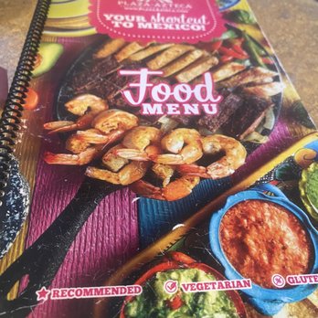 Plaza Azteca - A comprehensive menu of authentic Latino offerings. - A Mexican food menu featuring images of shrimp, grilled meats, and side dishes, with labels indicating vegetarian, gluten-free, and recommended options. - Mexican Near Me - Reading, Pennsylvania