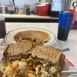 The "Mess" - small size, with wheat toast and one medium pumpkin pancake.