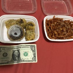 Estihana - Portion size for take out (with dollar bill for reference)