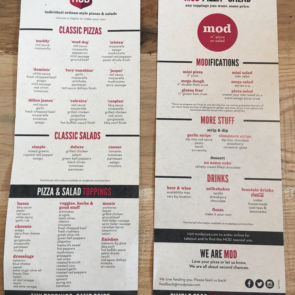 MOD Pizza - Printed menu. - Fast Food Near Me - Oak Creek, Wisconsin MOD Pizza - Printed menu. - Fast Food Near Me - Oak Creek, Wisconsin