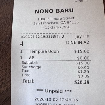 Nono Baru - Receipt - Izakaya Near Me - San Francisco, California