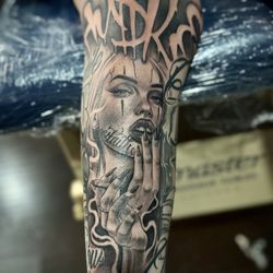 To The Point Body Piercings - Custom tattoo design with custom writing leg sleeve
by appt pls text 4further inquiries 6263792162