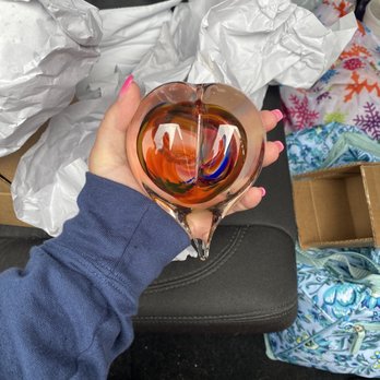 Little River Hot Glass Studio - Heart shaped paperweight switch orange and "Florida blend" twists - Arts & Crafts Near Me - Moscow, Vermont