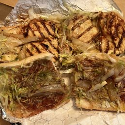 Grilled Chicken Breast Sandwich w cheese, onions, lettuce and bbq sauce