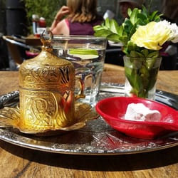 Greatly presented turkish coffee and turkish delight.