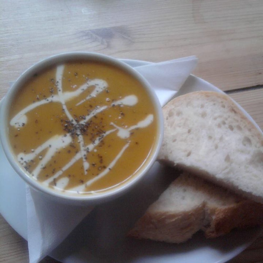 Mono - Delicious carrot, coconut & ginger soup in Mono cafe bar, Glasgow. Complemented by the home-made bread with light sunflower margarine. Yum! - Bars Near Me - Glasgow, GLG Mono - Delicious carrot, coconut & ginger soup in Mono cafe bar, Glasgow. Complemented by the home-made bread with light sunflower margarine. Yum! - Bars Near Me - Glasgow, GLG