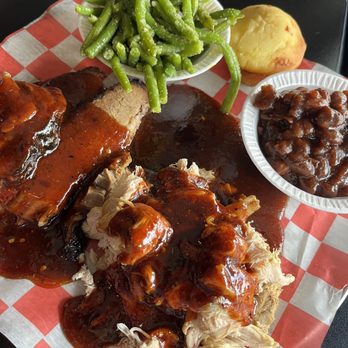 Rackz BBQ - Combo Platter (brisket +$2, pulled chicken with baked beans, green beans and cornbread muffin) - Barbeque Near Me - Carmel, Indiana