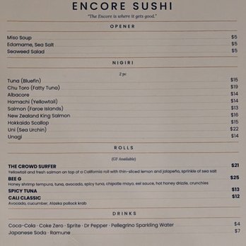 The Encore Sushi - Soft opening menu - Sushi Bars Near Me - Solana Beach, California The Encore Sushi - Soft opening menu - Sushi Bars Near Me - Solana Beach, California