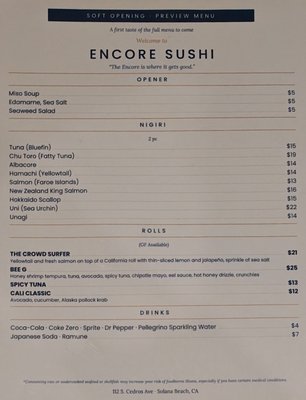 Menu photo 2 The Encore Sushi Solana Beach, CA Menu photo 2 The Encore Sushi Solana Beach, CA