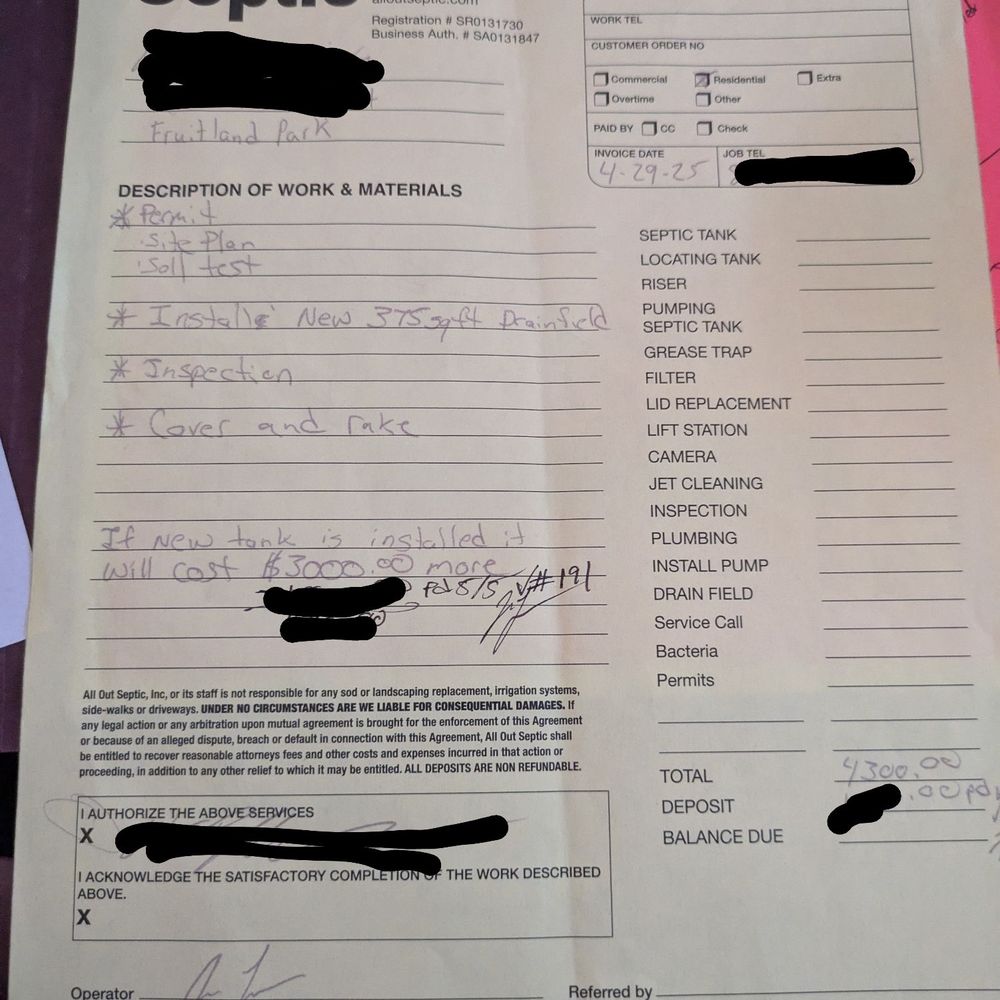 All Out Septic - Our invoice with 2 deposits initials by Jon.  But zero work or communication to show for it! - Septic Services Near Me - Fruitland Park, Florida