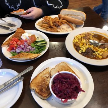 The Heidelberg - smoked salmon, Bauernwurst on a bun Gulaschsuppe (stew) Red cabbage - German Near Me - Helen, Georgia The Heidelberg - smoked salmon, Bauernwurst on a bun Gulaschsuppe (stew) Red cabbage - German Near Me - Helen, Georgia