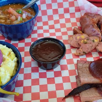 Elm Fork Taphouse & Kitchen - Combo of brisket and sausage with potato salad and beans - American Near Me - Hickory Creek, Texas Elm Fork Taphouse & Kitchen - Combo of brisket and sausage with potato salad and beans - American Near Me - Hickory Creek, Texas