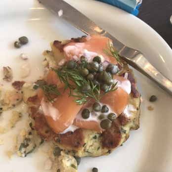 Beach Plum Kitchen - Salmon lox with potato pancake. Very light but one of these was plenty for me and they give you 2! Yummy! - New American Near Me - Carlsbad, California Beach Plum Kitchen - Salmon lox with potato pancake. Very light but one of these was plenty for me and they give you 2! Yummy! - New American Near Me - Carlsbad, California