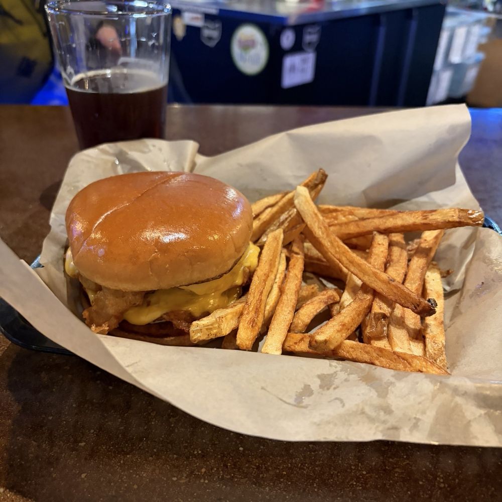 Scot Rail Ale with Fish Sandwich & French Fries Scot Rail Ale with Fish Sandwich & French Fries