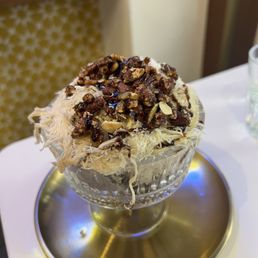 Halva, candied pecans, date syrup on gelato Halva, candied pecans, date syrup on gelato