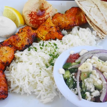 Sidewalk Grill - chicken kabob plate with hummus and Greek salad as sides - Mediterranean Near Me - Los Angeles, California Sidewalk Grill - chicken kabob plate with hummus and Greek salad as sides - Mediterranean Near Me - Los Angeles, California