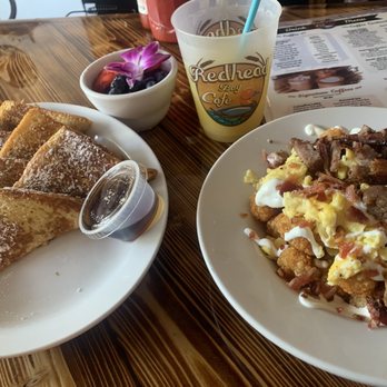 Redhead Bay Cafe - Loaded tots, and French toast with blueberry compote. - New American Near Me - Virginia Beach, Virginia Redhead Bay Cafe - Loaded tots, and French toast with blueberry compote. - New American Near Me - Virginia Beach, Virginia