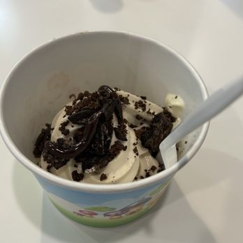 Yogurt Time - Frozen Yogurt - A paper cup filled with cookies and cream frozen yogurt, topped with chocolate syrup, crushed cookies, and Oreo cookie pieces. A white plastic spoon is inserted into the yogurt, and the cup is placed on a white surface. The cup has colorful cartoon-like graphics on its exterior. - Ice Cream & Frozen Yogurt Near Me - Commack, New York