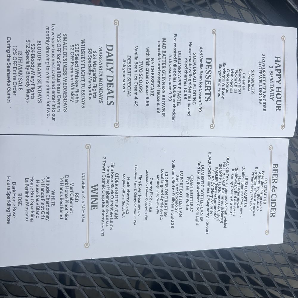 Barrington's Irish Bar and Grill - Menu - Cocktail Bars Near Me - Oak Harbor, Washington Barrington's Irish Bar and Grill - Menu - Cocktail Bars Near Me - Oak Harbor, Washington