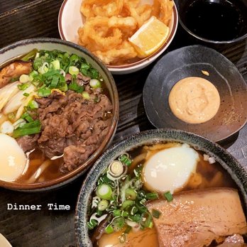 Ishin Udon - Top to bottom: $5 Fried Calamari, $9.50 Sukiyaki Udon, $8.50 Kukani Pork Belly Udon (+ $1 poached egg) - Japanese Near Me - Houston, Texas