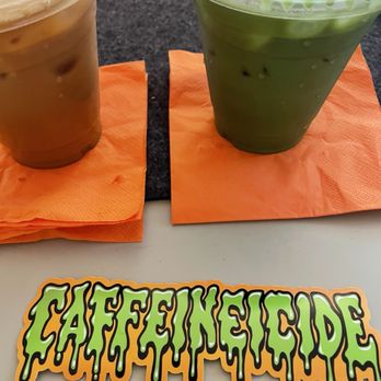 Caffeineicide - Iced vanilla (left) and matcha latte (right) with sticker - Pop-up Shops Near Me - Los Angeles, California