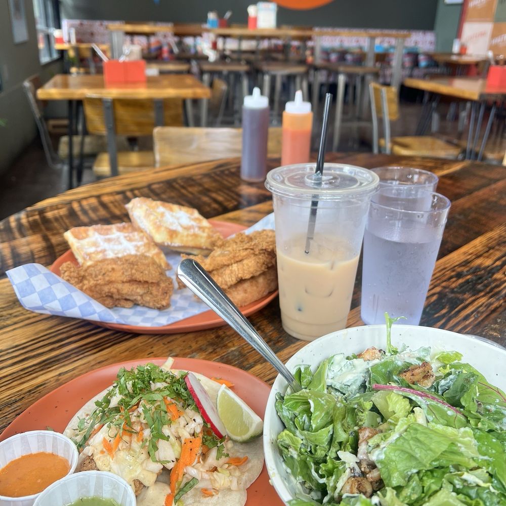Delicious delicious delicious! A TON of fried chicken with waffles. Shrimp Caesar salad and a first Friday taco Delicious delicious delicious! A TON of fried chicken with waffles. Shrimp Caesar salad and a first Friday taco