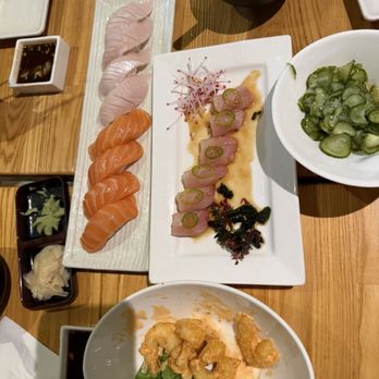Sushi Katsu-ya - Yellowtail Sashimi with Jalapeño, Yellowtail belly sushi, salmon sushi, Cucumber Sunomono, Creamy Popcorn Shrimp - Japanese Near Me - Nothridge, California Sushi Katsu-ya - Yellowtail Sashimi with Jalapeño, Yellowtail belly sushi, salmon sushi, Cucumber Sunomono, Creamy Popcorn Shrimp - Japanese Near Me - Nothridge, California