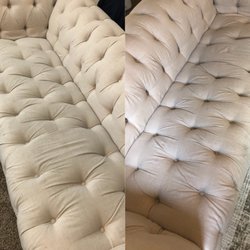 Royal Carpet Cleaning - Left before cleaning, stains & fabric yellowish cream. Right 24 hours after cleaning stains gone and color back to original ivory beige :)