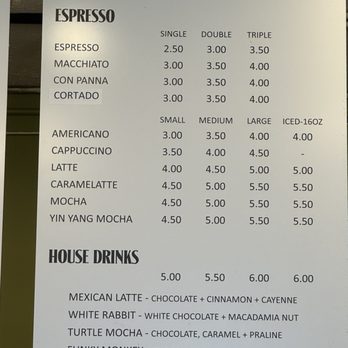 Sidewinder Coffee - Menu options - A menu displays espresso options, including single, double, and triple sizes, along with house drinks like Mexican latte and Turkish latte, with prices. - Coffee & Tea Near Me - Cincinnati, Ohio