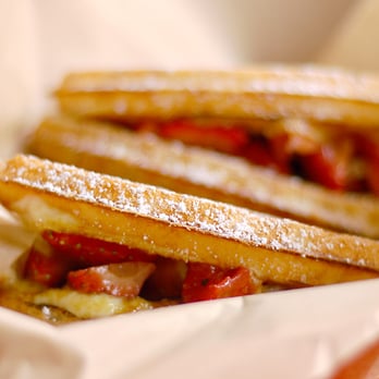 Bruxie - The creme brulee with strawberry. My fave of the 3 waffles we had. - Sandwiches Near Me - Orange, California