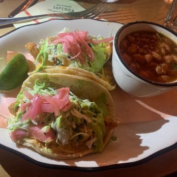 Superica - Fish tacos with beans on the side. Portion size a bit small but I've never had fish tacos so delicious before! - Tex-Mex Near Me - Cary, North Carolina Superica - Fish tacos with beans on the side. Portion size a bit small but I've never had fish tacos so delicious before! - Tex-Mex Near Me - Cary, North Carolina